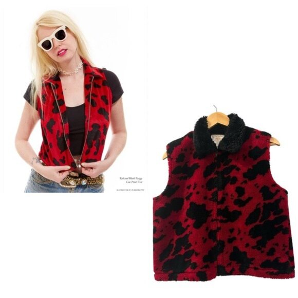 90s Tally-Ho Red Black Cow Print Vest Faux Fur Collar Y2K Retro Medium Petite - Picture 1 of 10